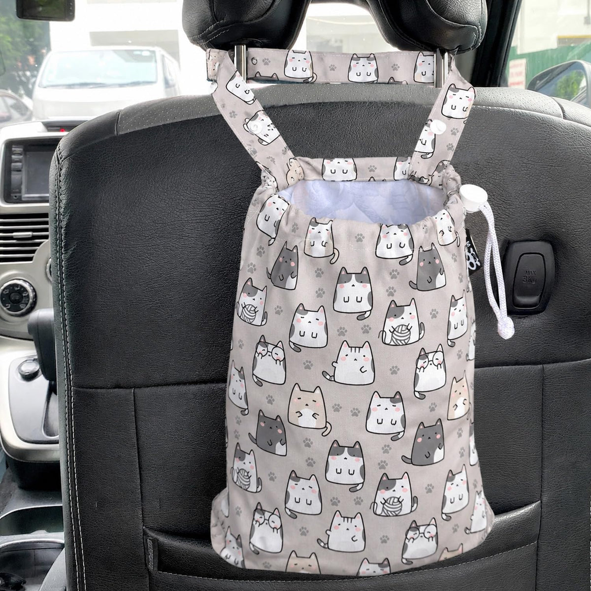 Waterproof Car Trash Bag Reusable Portable Garbage Can with Drawstring Top Adjustable Hanging Strap Leakproof & Washable for Cars SUVs & Trucks (White Cats)