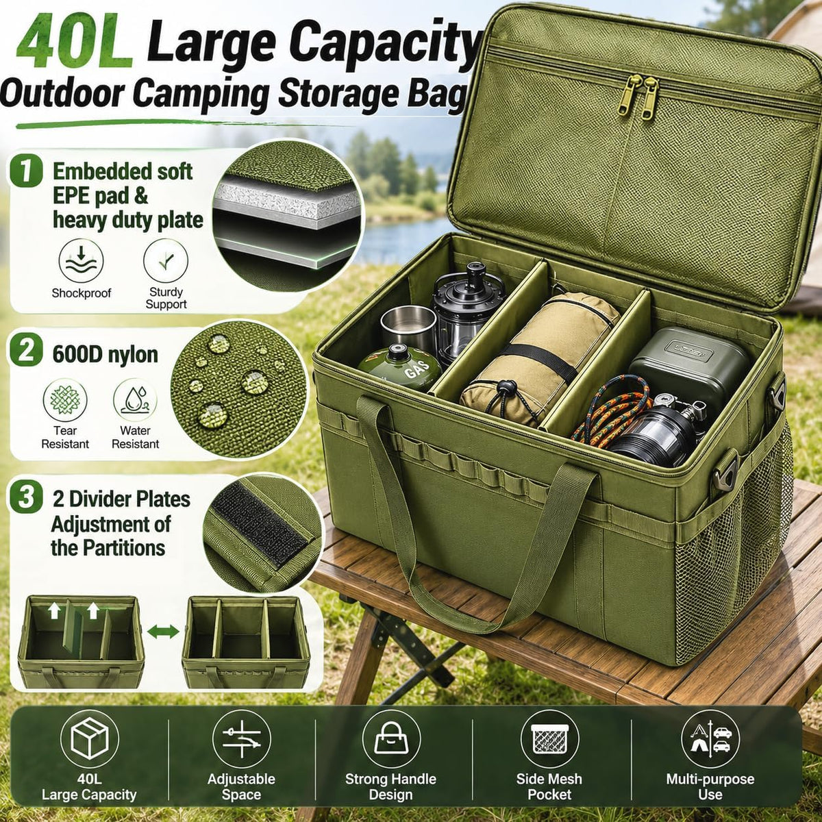 40L Waterproof 600D Camping Storage Bag Modular Organizer Outdoor Gear Kitchen Carry Case