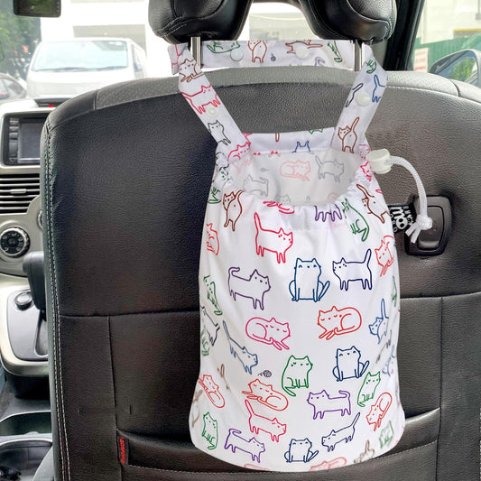 Waterproof Car Trash Bag Reusable Portable Garbage Can with Drawstring Top Adjustable Hanging Strap Leakproof & Washable for Cars SUVs & Trucks (White Cats)