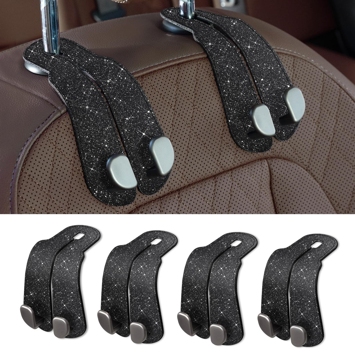 CoBak Purse Hook for Car - Universal Premium Stitched Leather and Aluminum-Magnesium Alloy Double Car Seat Back Storage Hook for Purses, Handbags, Bags (4 Pack),Black