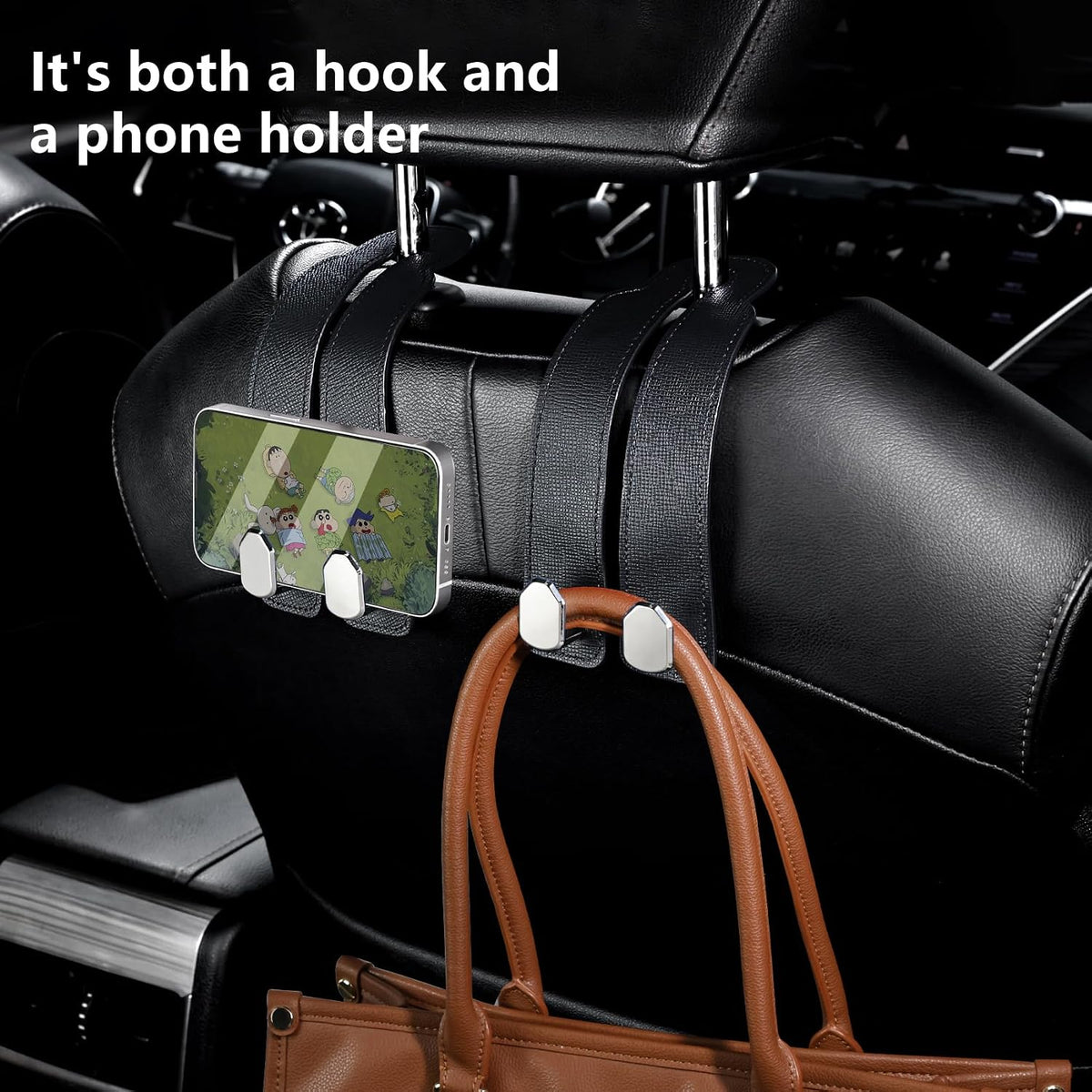 Car Seat Headrest Hooks, Genuine Leather and Zinc Alloy Car Purse Hook,Car Bag Hook,Car Seat Back Storage Hook for Purses, Handbags, Bags