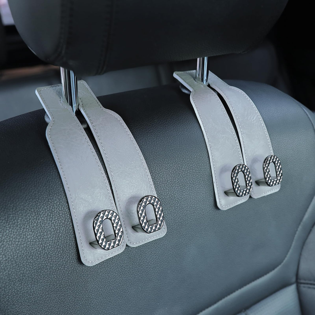Car Headrest Hooks Universal Car Purse Hook Premium Leather and Alloy Twin Hook Car Seat Back Storage Hanger Hook for Purse Bags Cloth Drink Durable Holder Car Accessories (BH09-Grey-Black)