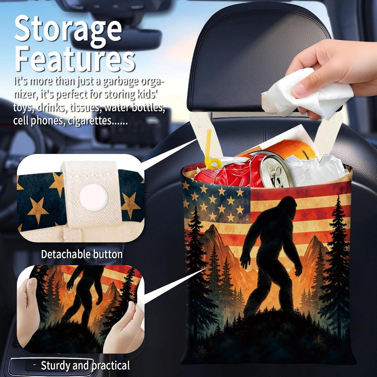 Hanging Car Garbage Bag, Cute Car Trash Can Bag, Automotive Accessories for Women Men Bigfoot USA Flag
