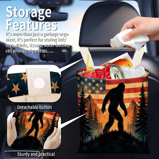 Hanging Car Garbage Bag, Cute Car Trash Can Bag, Automotive Accessories for Women Men Bigfoot USA Flag