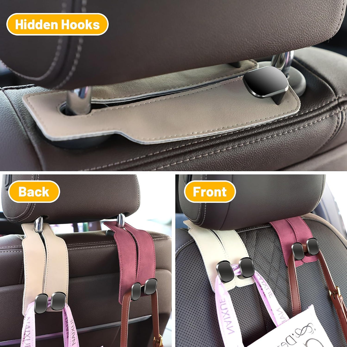 Amelity Car Headrest Hooks, Purse Hook for Car 4 Pack Beige