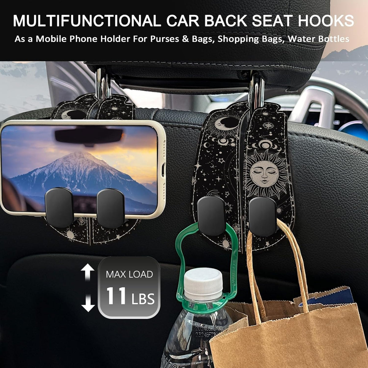 Blusabaca 2PCS Car Seat Headrest Hooks, Purses Bags Holder, Sun and Moon