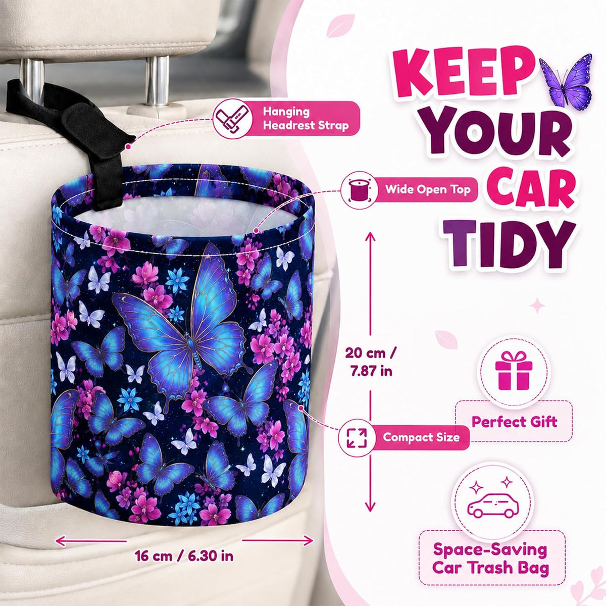 Butterfly Car Trash Can Waterproof Auto Garbage Bag Hanging for Back Seat