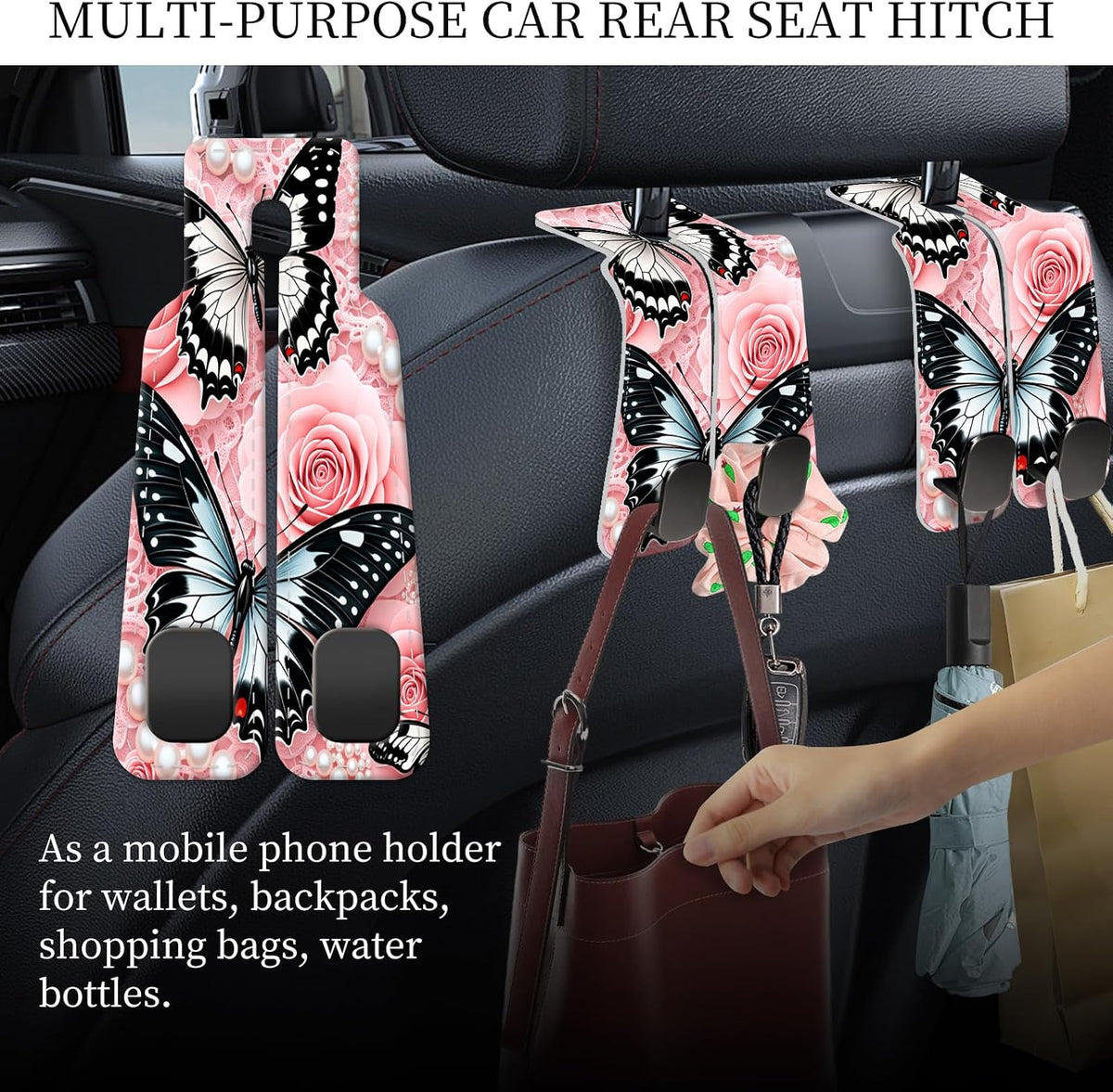 PU Leather Car Seat Hook, Storage Headrest Hanger, Cute Car Backseat Organizer, Car Hooks For Purses and Bags, Butterfly Rose
