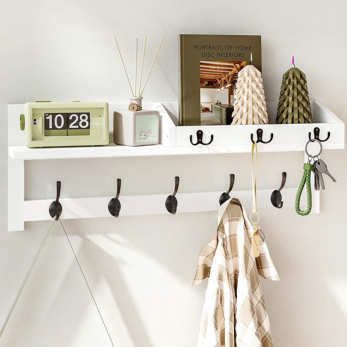 AMBIRD Wall Hooks with Shelf, 26.57 Inch Entryway Wood Coat Hooks for Wall with Shelf, Coat Rack Wall Mount with 5 Dual Hooks 3 Key Hooks Mail Organizer and Key Rack Holder (Brown)
