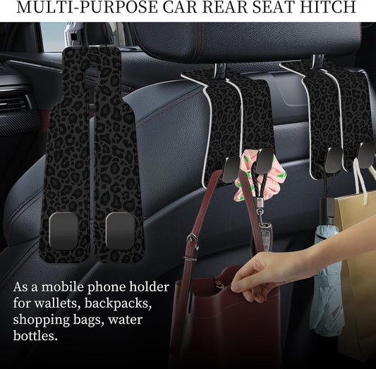 PU Leather Car Seat Hook, Storage Headrest Hanger, Cute Car Backseat Organizer, Car Hooks For Purses and Bags Black Leopard