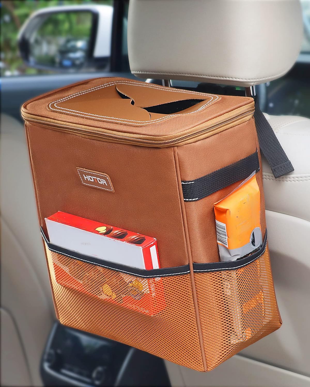HOTOR Car Trash Can, Leakproof Car Organizer, 2-Gallon, Brown