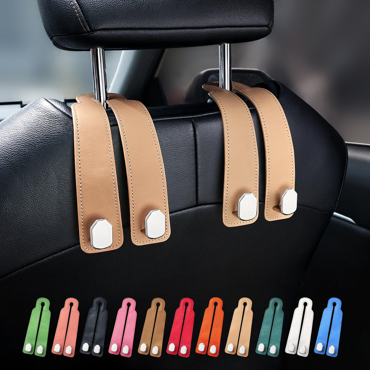 Car Seat Headrest Hooks, Genuine Leather and Zinc Alloy Car Purse Hook,Car Bag Hook,Car Seat Back Storage Hook for Purses, Handbags, Bags