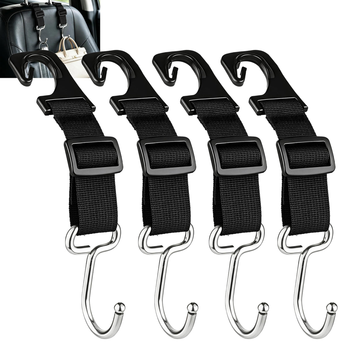 Amooca Adjustable 4 Pack Car Headrest Hooks Heavy Duty Metal Bag Hanger
