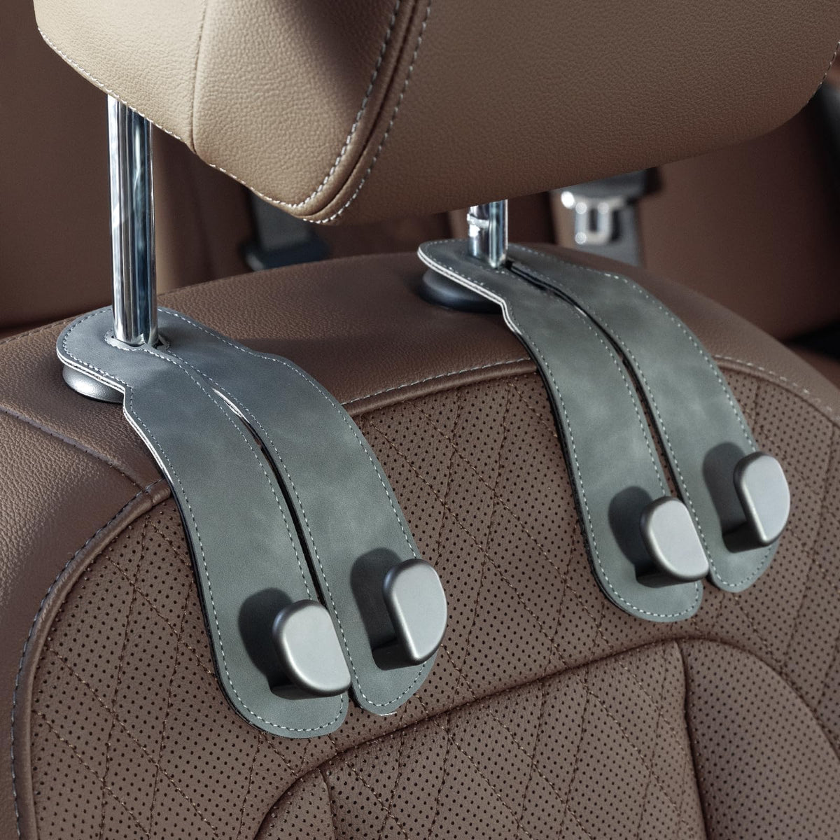 CoBak Purse Hook for Car - Universal Premium Stitched Leather and Aluminum-Magnesium Alloy Double Car Seat Back Storage Hook for Purses, Handbags, Bags (2 Pack),SageGreen