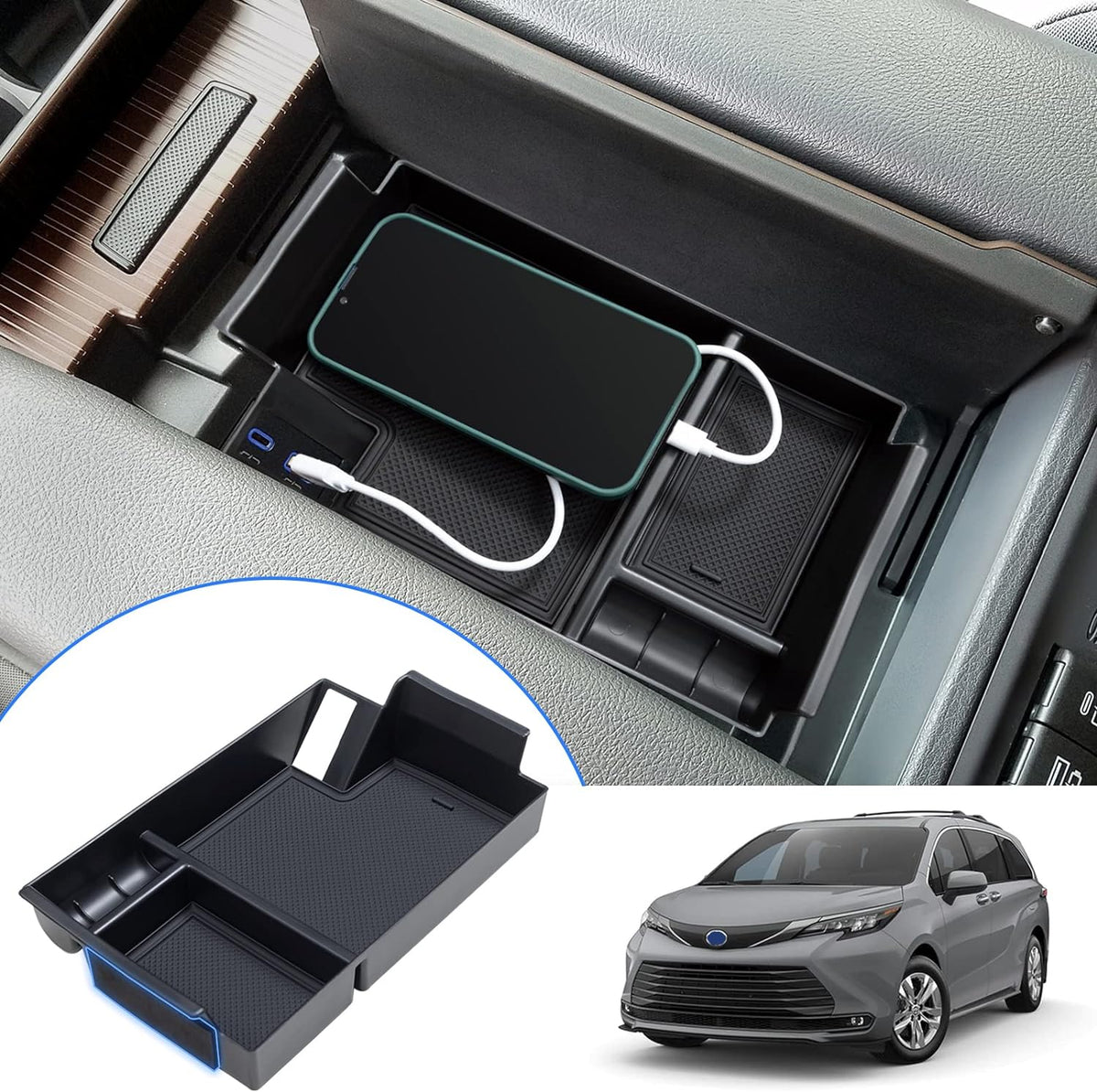 TOPINSTALL Center Console Tray for 2021-2026 Toyota Sienna, 2-Layer Space