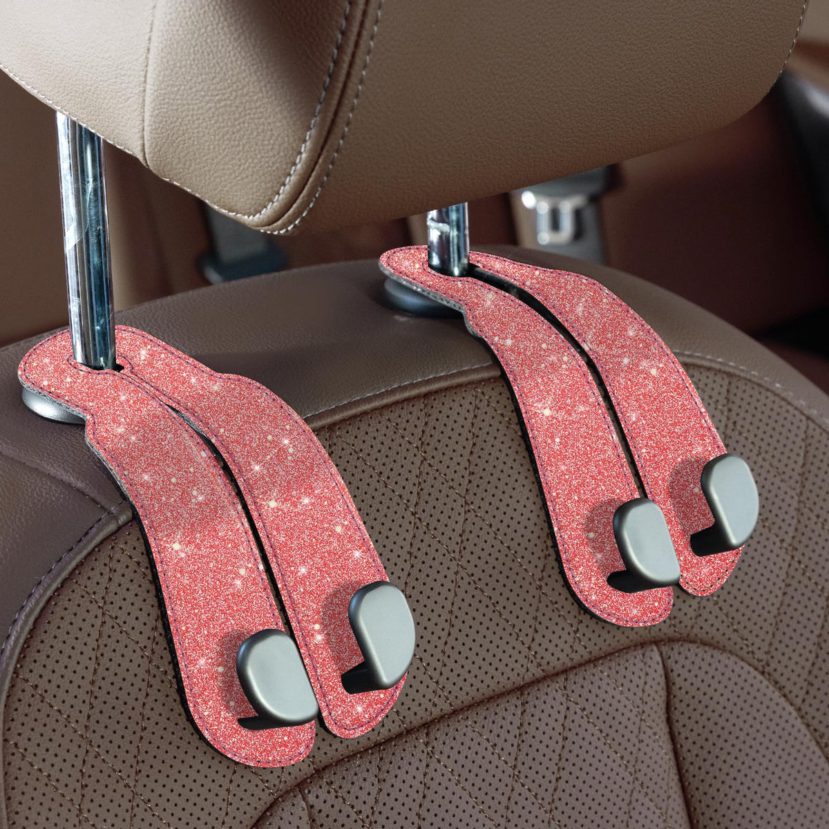 CoBak Purse Hook for Car - Universal Premium Stitched Leather and Aluminum-Magnesium Alloy Double Car Seat Back Storage Hook for Purses, Handbags, Bags (4 Pack),Black