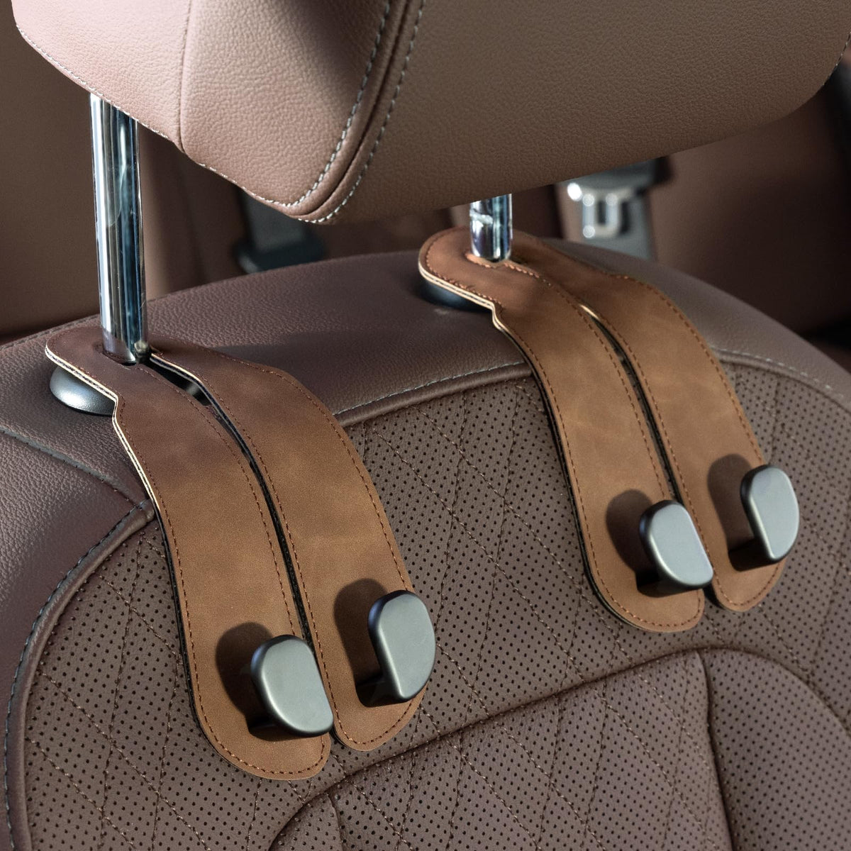 CoBak Purse Hook for Car - Universal Premium Stitched Leather and Aluminum-Magnesium Alloy Double Car Seat Back Storage Hook for Purses, Handbags, Bags (2 Pack),Beige