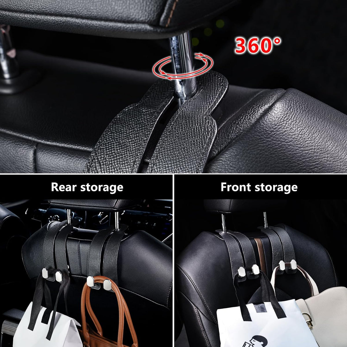 Car Seat Headrest Hooks, Genuine Leather and Zinc Alloy Car Purse Hook,Car Bag Hook,Car Seat Back Storage Hook for Purses, Handbags, Bags