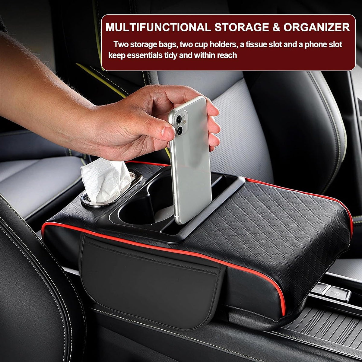 Center Console Cover,Car Armrest Cushion Multifunctional with 2 Storage Bags Cup Holder,Phone Slot,Tissue Box Slot for Most Cars Accessories Interior Organizers-Black+Red 13.8x7.9 in