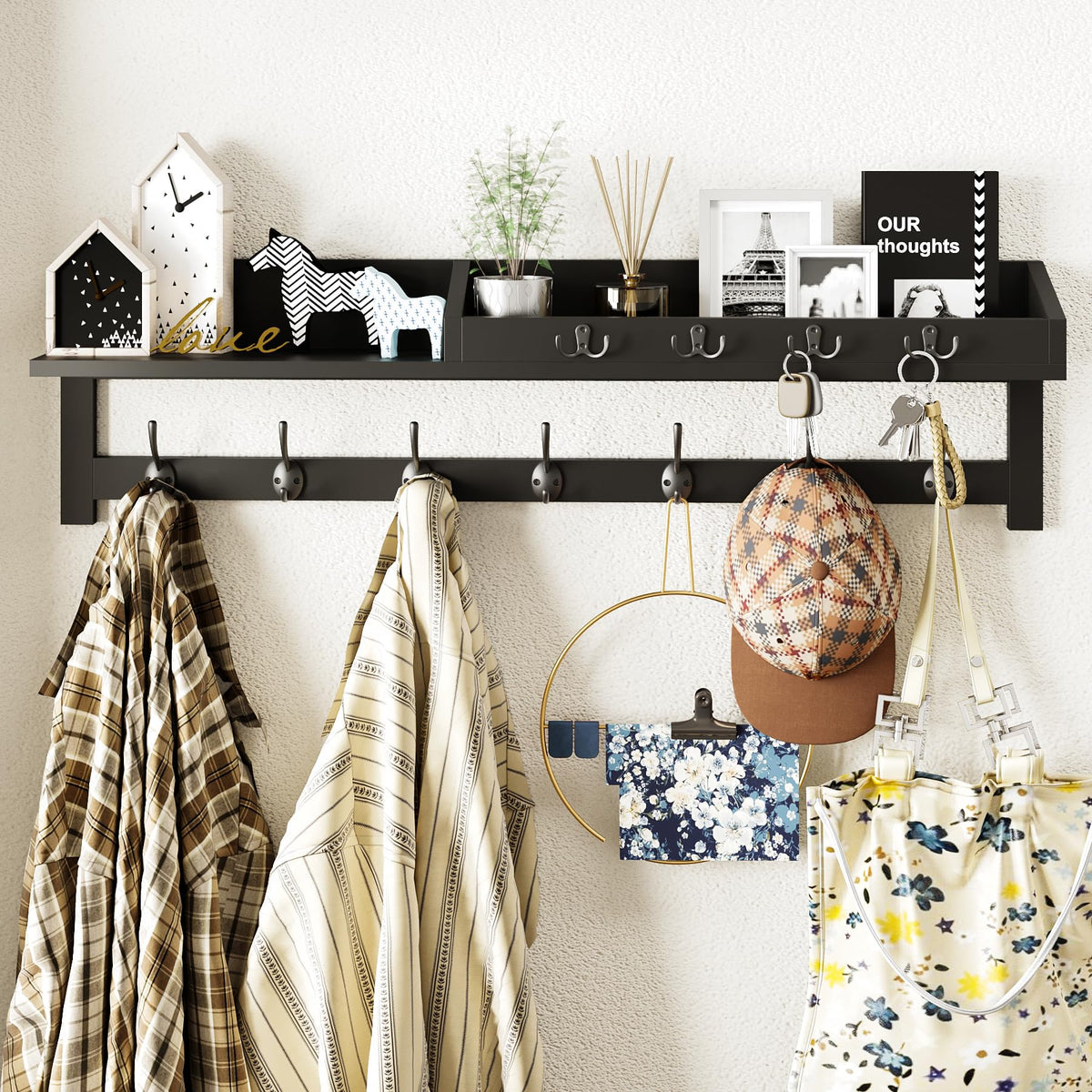 AMBIRD Wall Hooks with Shelf, 26.57 Inch Entryway Wood Coat Hooks for Wall with Shelf, Coat Rack Wall Mount with 5 Dual Hooks 3 Key Hooks Mail Organizer and Key Rack Holder (Brown)