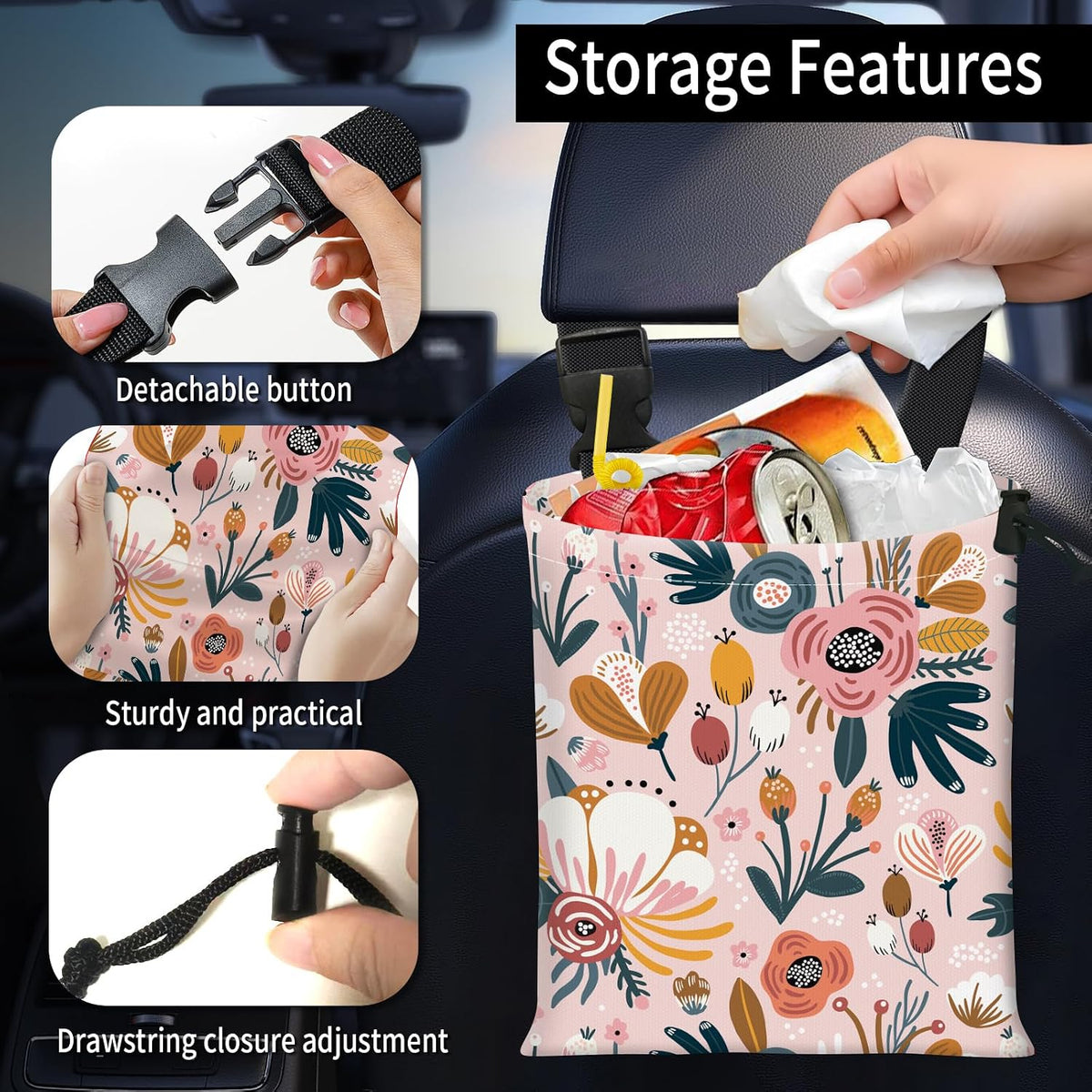 Car Trash Bag Large Hanging Can for Back of Seat, Cute Waterproof Car Garbage Bag for Vehicle, Travelling, Outdoor Cute Boho Pink Floral
