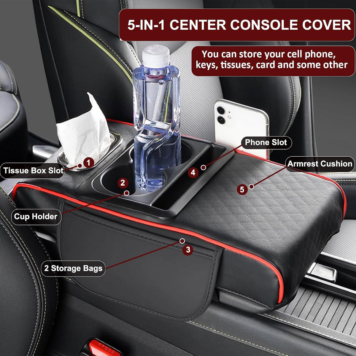 Center Console Cover,Car Armrest Cushion Multifunctional with 2 Storage Bags Cup Holder,Phone Slot,Tissue Box Slot for Most Cars Accessories Interior Organizers-Black+Red 13.8x7.9 in