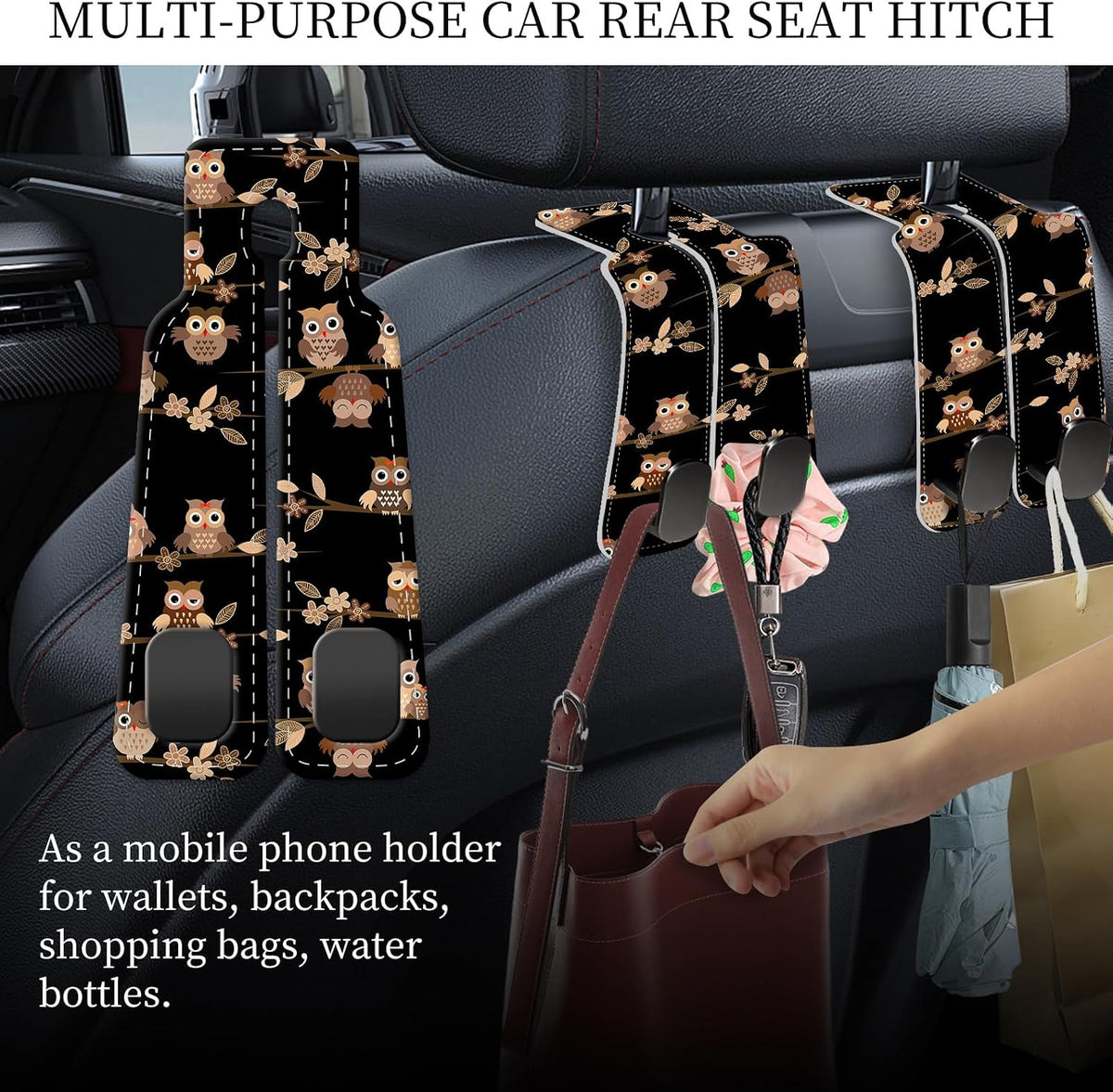 PU Leather Car Seat Hook, Storage Headrest Hanger, Cute Car Backseat Organizer, Car Hooks For Purses and Bags Cute Brown Cartoon Owls