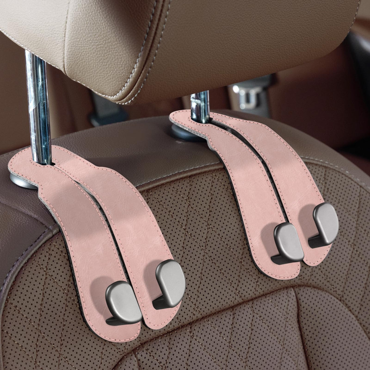 CoBak Purse Hook for Car - Universal Premium Stitched Leather and Aluminum-Magnesium Alloy Double Car Seat Back Storage Hook for Purses, Handbags, Bags (2 Pack),Beige