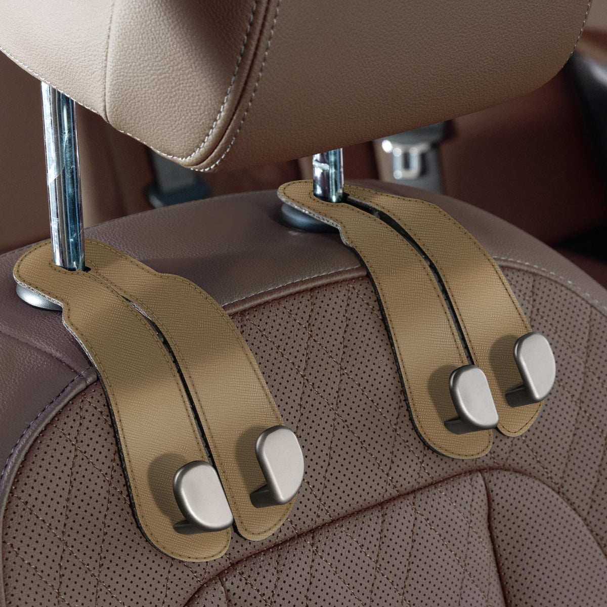 CoBak Purse Hook for Car - Universal Premium Stitched Leather and Aluminum-Magnesium Alloy Double Car Seat Back Storage Hook for Purses, Handbags, Bags (2 Pack),SageGreen
