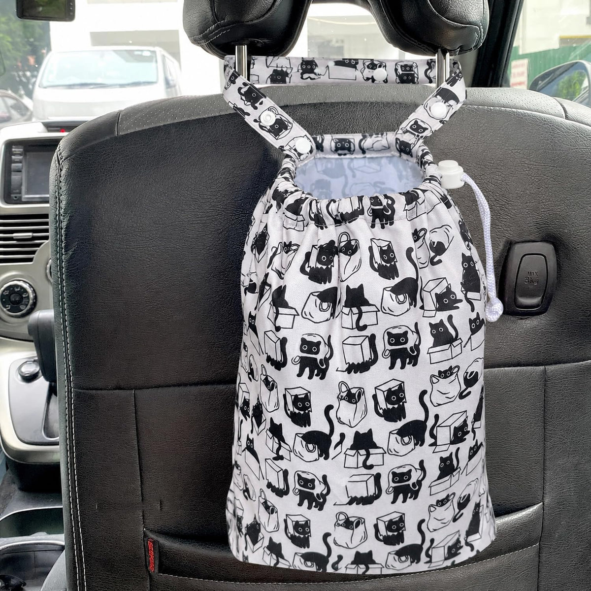 Waterproof Car Trash Bag Reusable Portable Garbage Can with Drawstring Top Adjustable Hanging Strap Leakproof & Washable for Cars SUVs & Trucks (White Cats)