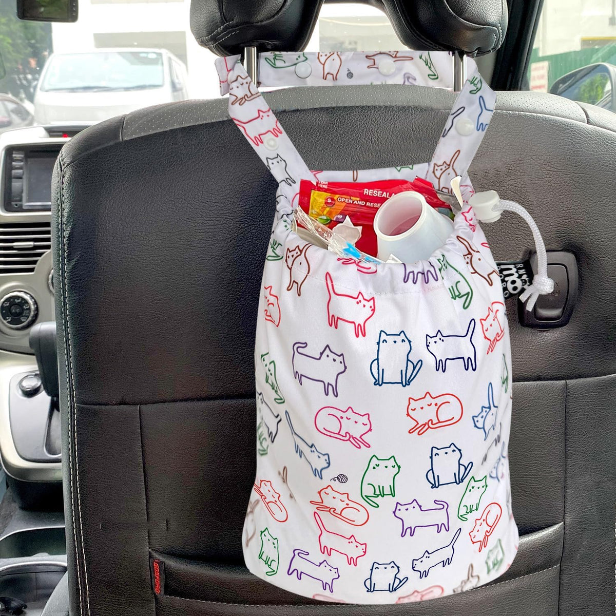 Waterproof Car Trash Bag Reusable Portable Garbage Can with Drawstring Top Adjustable Hanging Strap Leakproof & Washable for Cars SUVs & Trucks (White Cats)