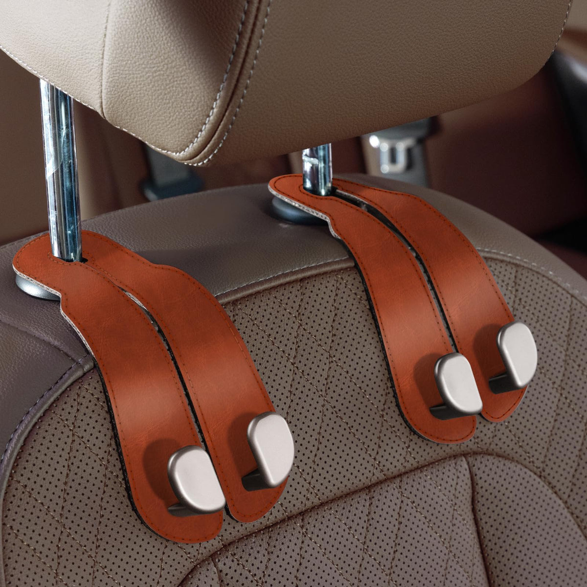 CoBak Purse Hook for Car - Universal Premium Stitched Leather and Aluminum-Magnesium Alloy Double Car Seat Back Storage Hook for Purses, Handbags, Bags (2 Pack),Beige