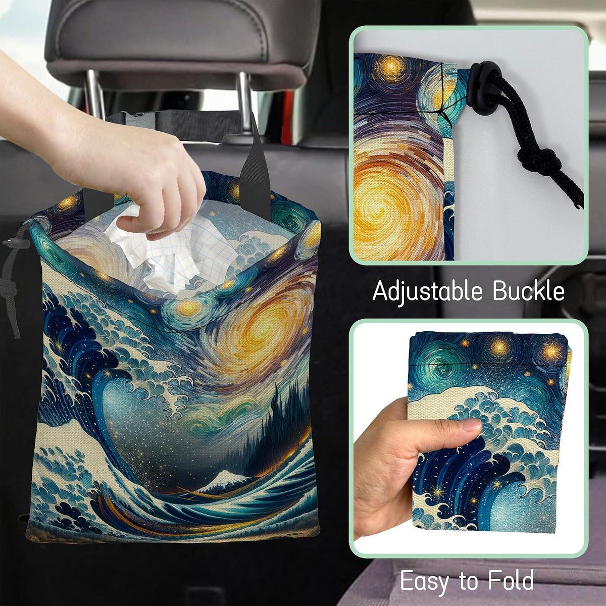 Sea Wave Car Trash Bag,Night Starry Sky Hanging Drawstring Car Garbage Bag,Waterproof Canvas Car Back Seat Organizer with Adjustable Buckle,for Vehicles,SUVs,Camping,Road Trips