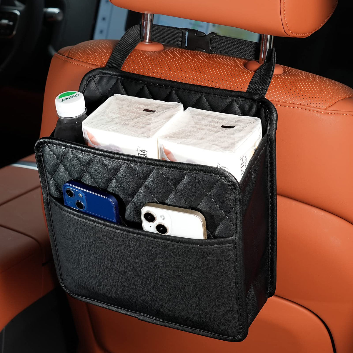 FrgKbTm Car Seat Back Organizer, Waterproof Car Backseat Organizer with Cup Holders Large Capacity Hanging Car Storage Bag for Phones Documents Cups Bottle Travel Compatible with Most Vehicles