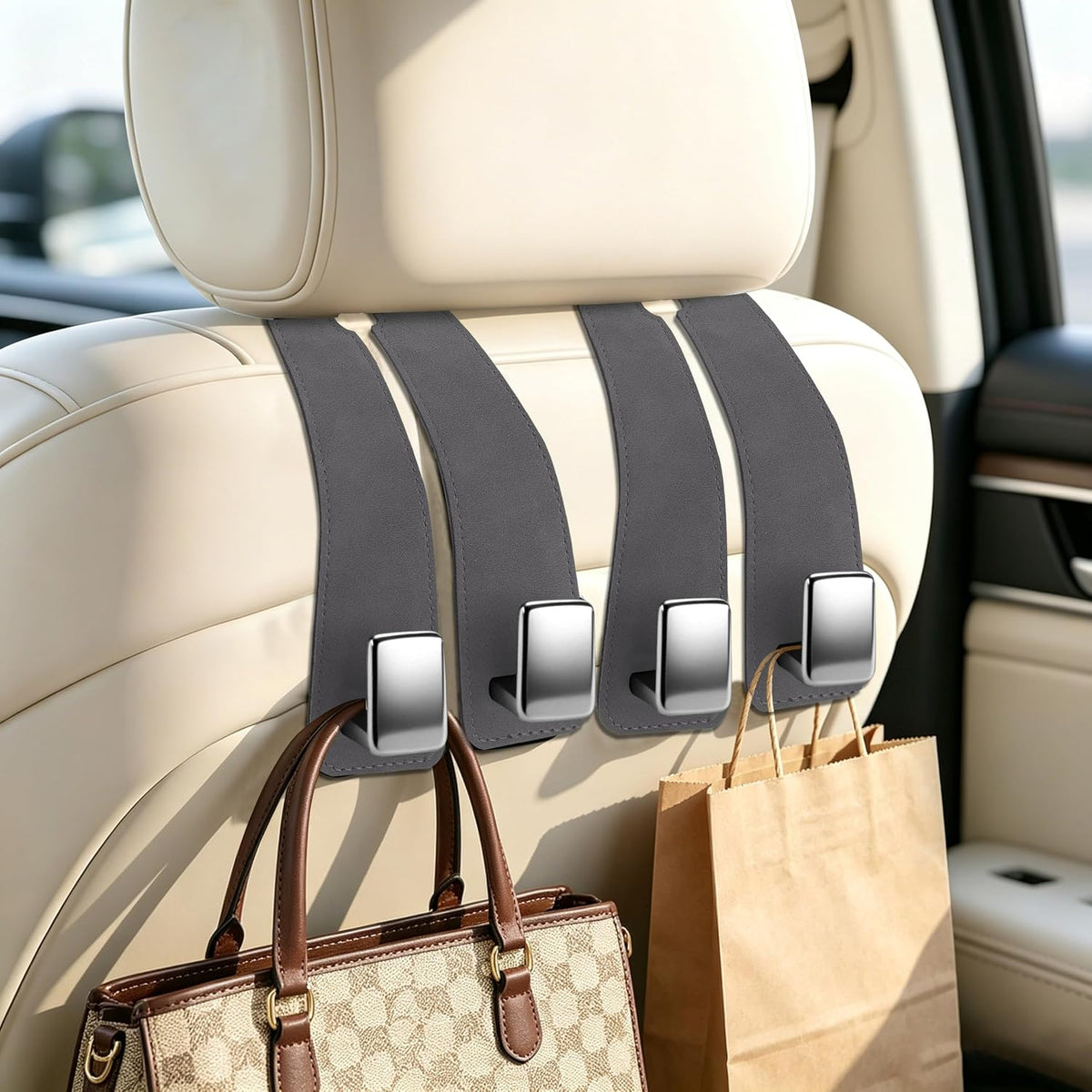 Amooca 4-Pack Anti-Fall Car Headrest Hooks Metal Core Hanger for Bags