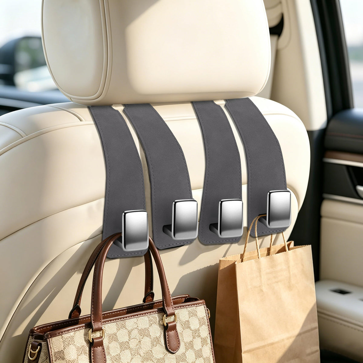 Amooca 4-Pack Anti-Fall Car Headrest Hooks Metal Core Hanger for Bags