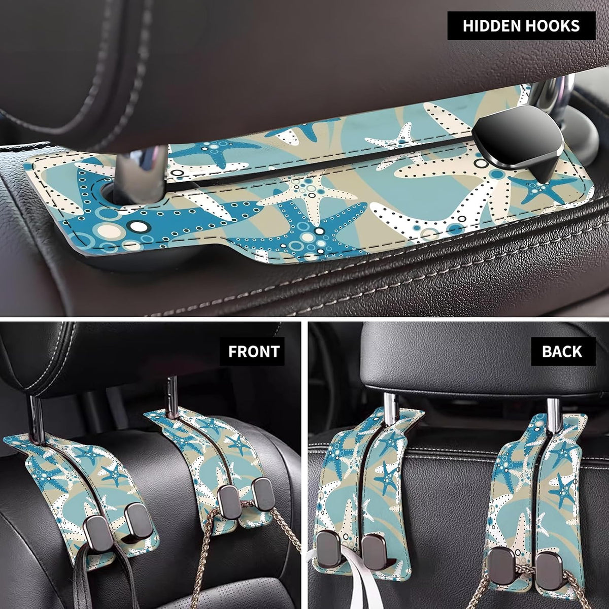 Car Seat Back Storage Headrest Hook, 1 Pack Premium Leather Double Metal Hook, Hanger Storage Organizer for Purse Cloth Bag, Car Interior Accessories Cute Blue Seastar