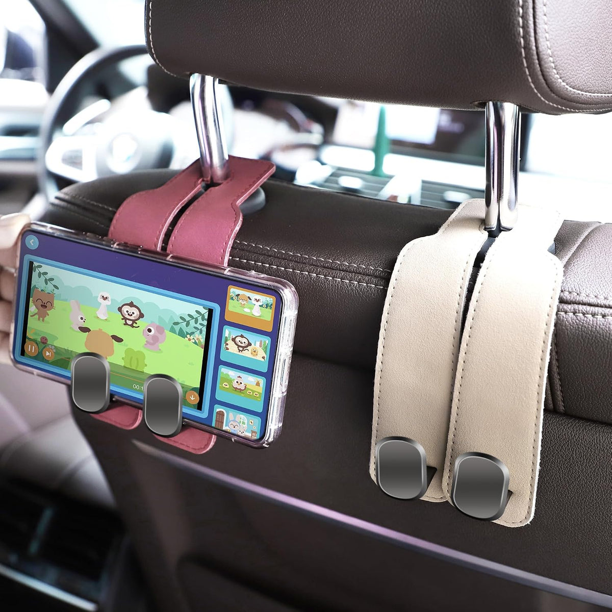 Amelity Car Headrest Hooks, Purse Hook for Car 4 Pack Beige
