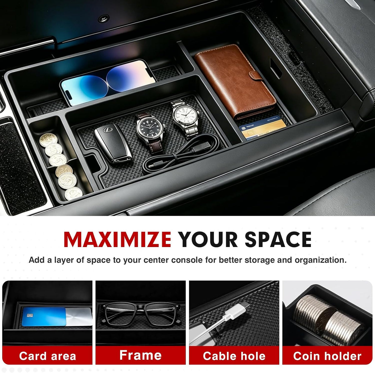 Autorder Center Console Organizer for 2022 2023 2024 2025 2026 Lexus NX NX 250/NX 350/NX 350h 450h+ Accessories Armrest Storage Box Secondary Insert Tray with Anti-Slip Mat