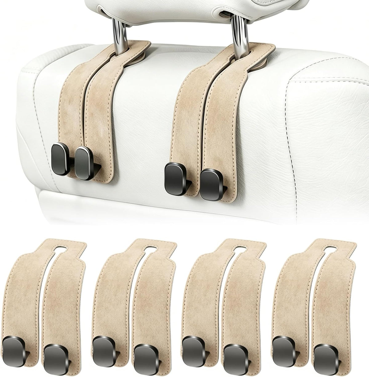 Amelity Car Headrest Hooks, Purse Hook for Car 4 Pack Beige