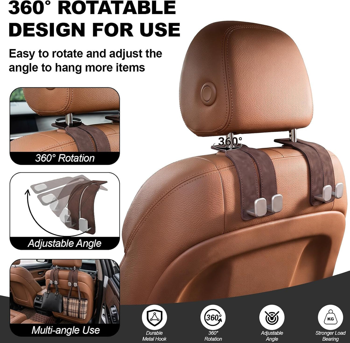 Suede Car Headrest Hooks Universal Heavy Duty Back Seat Hanger(Brown)