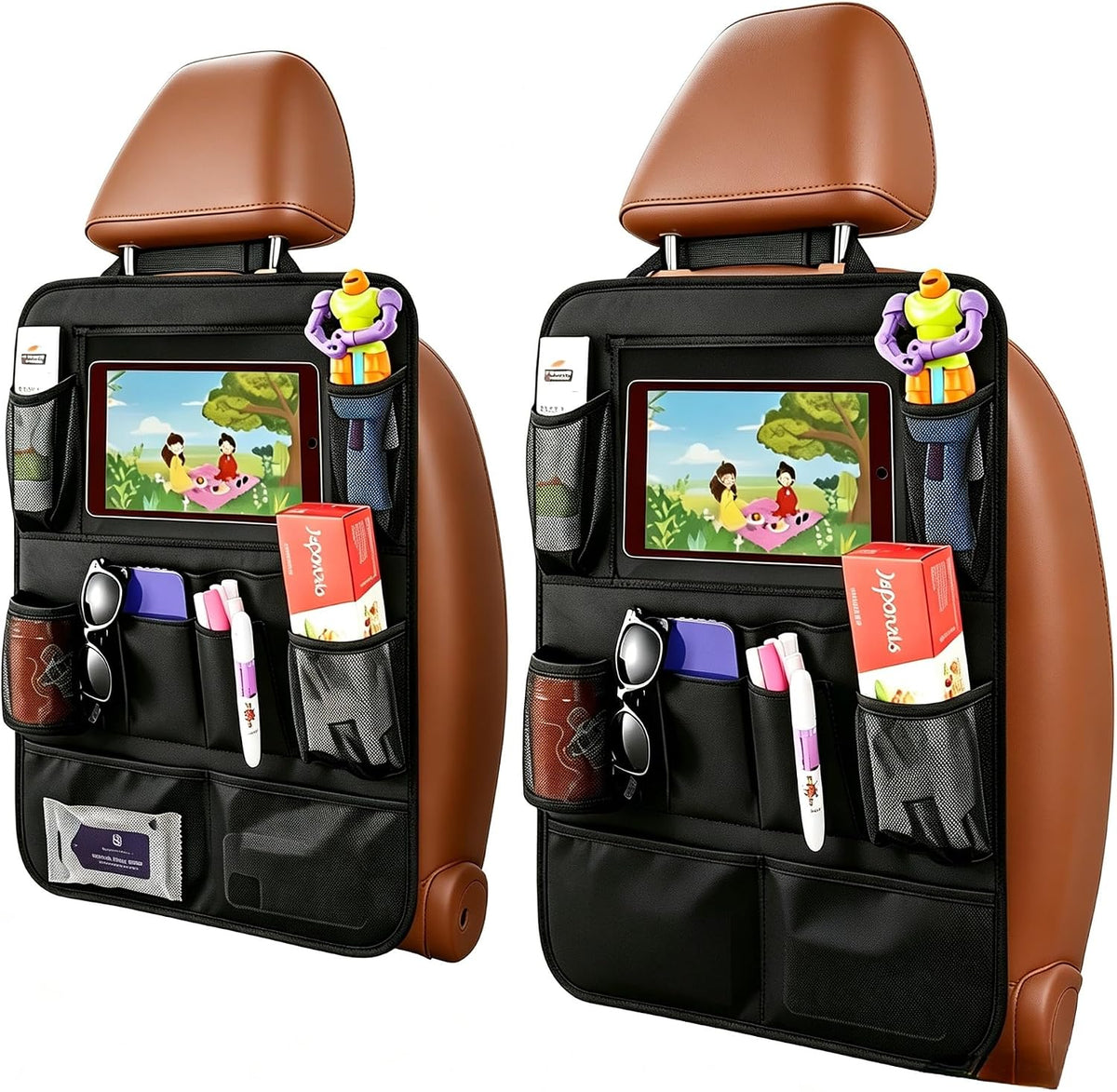Car Backseat Organizer with 10" Tablet Holder, Seat Back Protectors Kick Mats for Kids Toddlers, Large Storage Pockets Travel Accessories for SUV Minivan Airplan 2 Pack