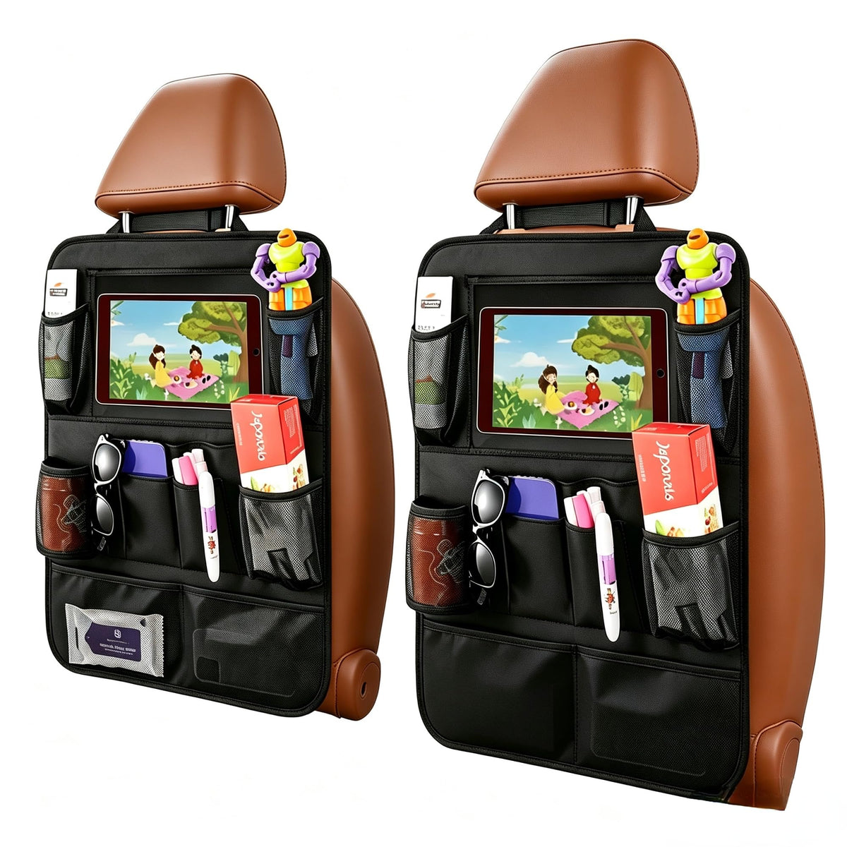 Car Backseat Organizer with 10" Tablet Holder, Seat Back Protectors Kick Mats for Kids Toddlers, Large Storage Pockets Travel Accessories for SUV Minivan Airplan 2 Pack