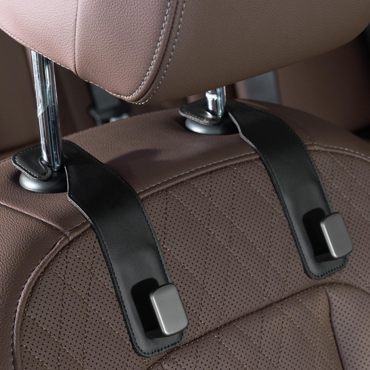 CoBak Purse Hook for Car - Universal Premium Stitched Leather and Aluminum-Magnesium Alloy Double Car Seat Back Storage Hook for Purses, Handbags, Bags (4 Pack),Black