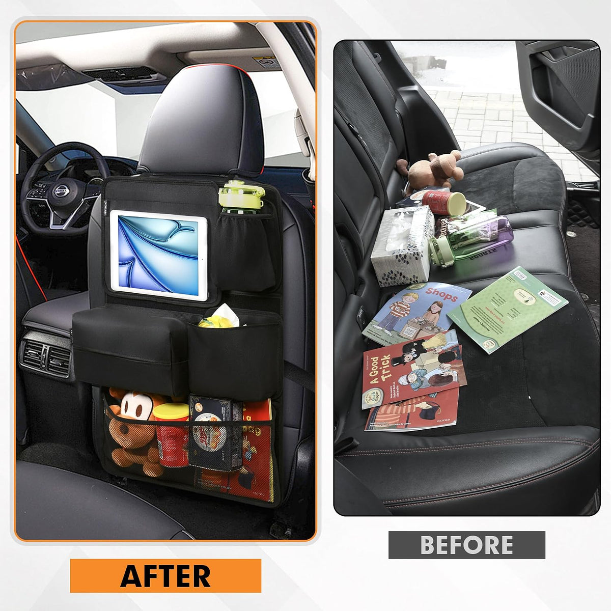JEYODA Hook and Loop Backseat Car Organizer, Back Seat Storage Bag Kick Mats with Touch Screen Tablet Holder for Kids, Designed for Easy Removal, Installation and Cleaning (Standard Set(6 Piece))