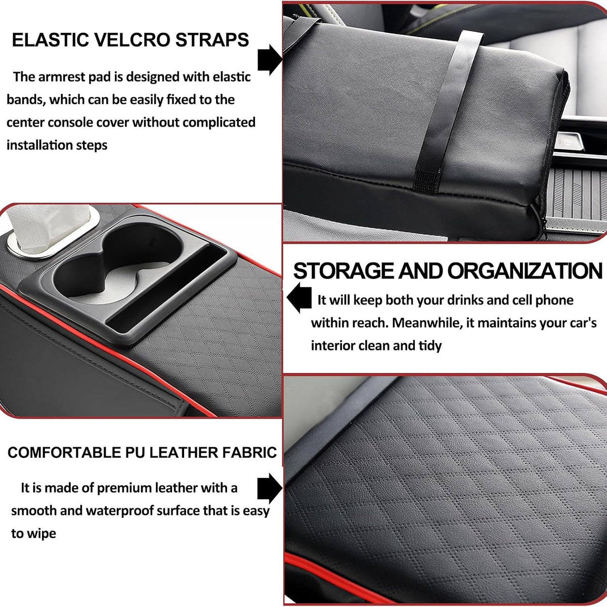 Center Console Cover,Car Armrest Cushion Multifunctional with 2 Storage Bags Cup Holder,Phone Slot,Tissue Box Slot for Most Cars Accessories Interior Organizers-Black+Red 13.8x7.9 in