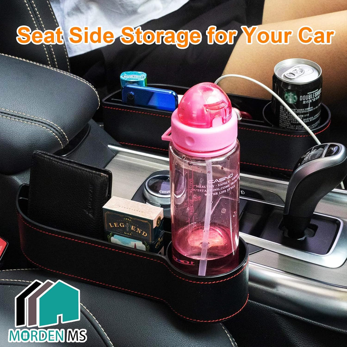 MORDEN MS 2 Pack Car Seat Gap Filler Organizer, Automotive Front Seat Storage with Cup Holder, Auto Console Side Extra Storage Boxes - Passenger & Driver Side