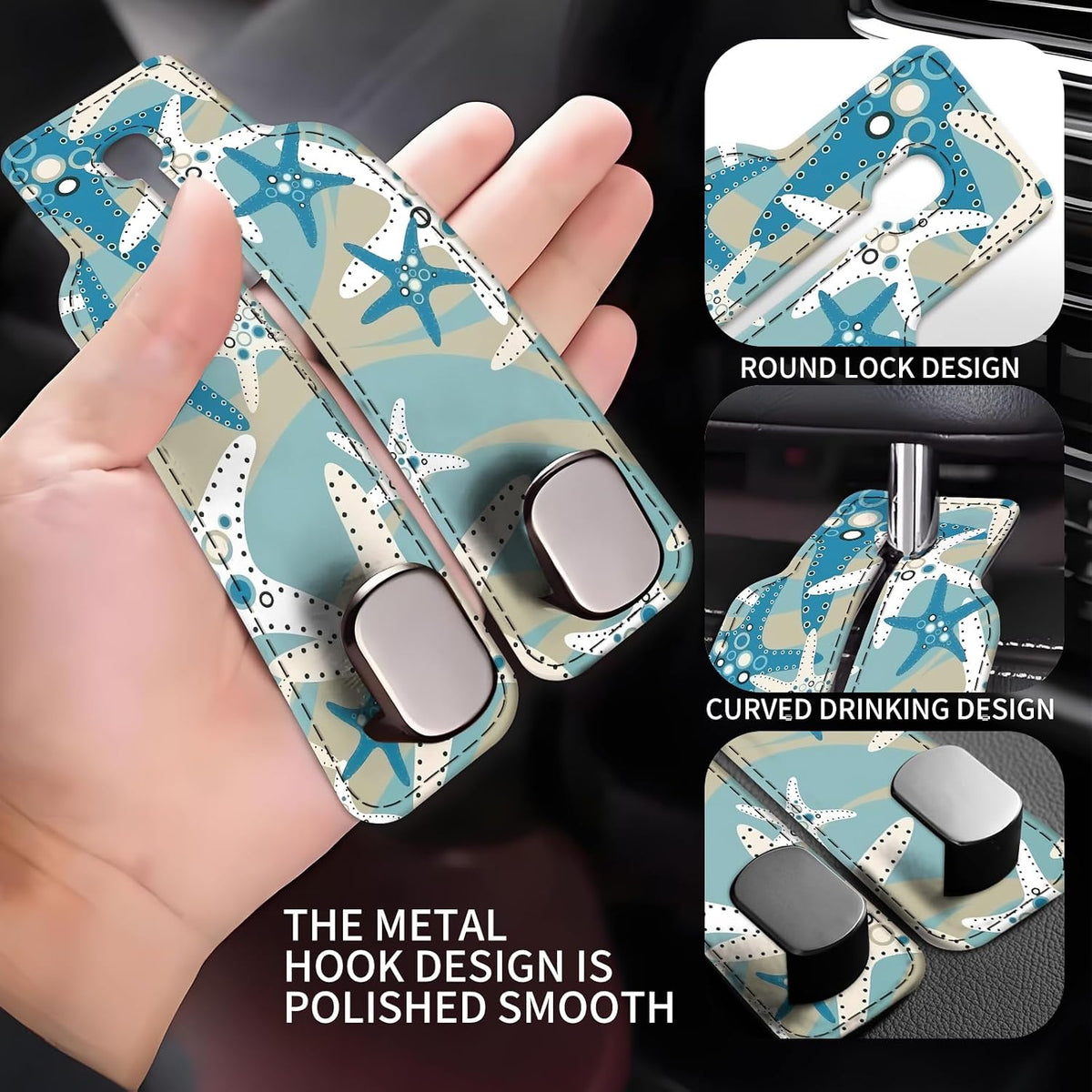 Car Seat Back Storage Headrest Hook, 1 Pack Premium Leather Double Metal Hook, Hanger Storage Organizer for Purse Cloth Bag, Car Interior Accessories Cute Blue Seastar