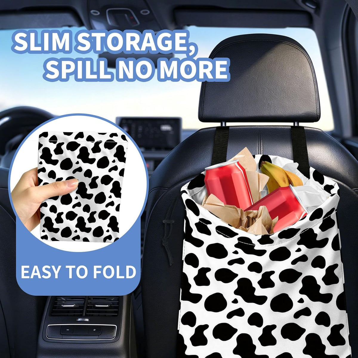 XIANGYUAN Cute Car Trash Bag,Hanging Car Organizer and Storage Bag,Trash Bin for Car Accessories,Cars Back Seat Organizer for Vehicle Travelling Camping（Black and White Cow Print）