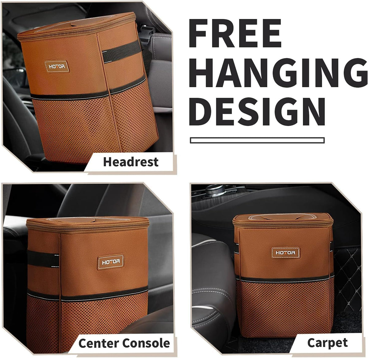 HOTOR Car Trash Can, Leakproof Car Organizer, 2-Gallon, Brown